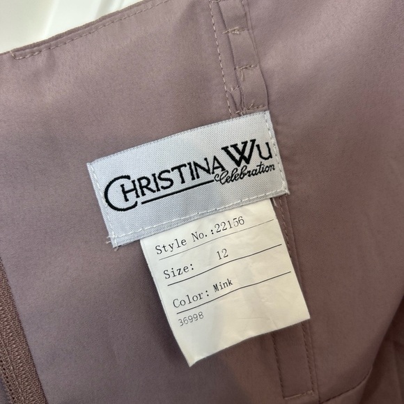 Christina Wu Mink Elegant Brown Grey Pleated Strapless Maxi Dress Size 12 - Picture 3 of 3